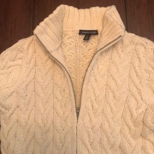 Lands End full zip ivory cable knit sweater